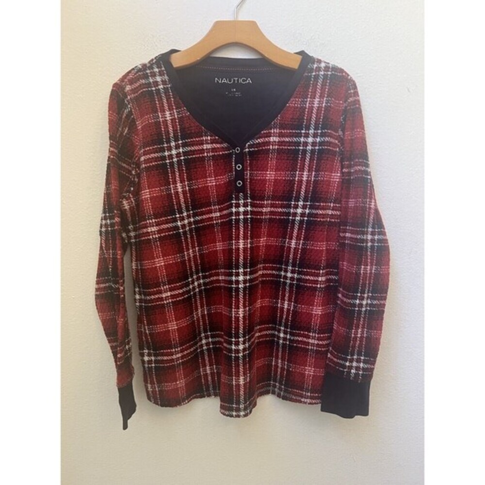 WOMENS NAUTICA RED PLAID LONG SLEEVE PAJAMA TOP SIZE LARGE (S2)